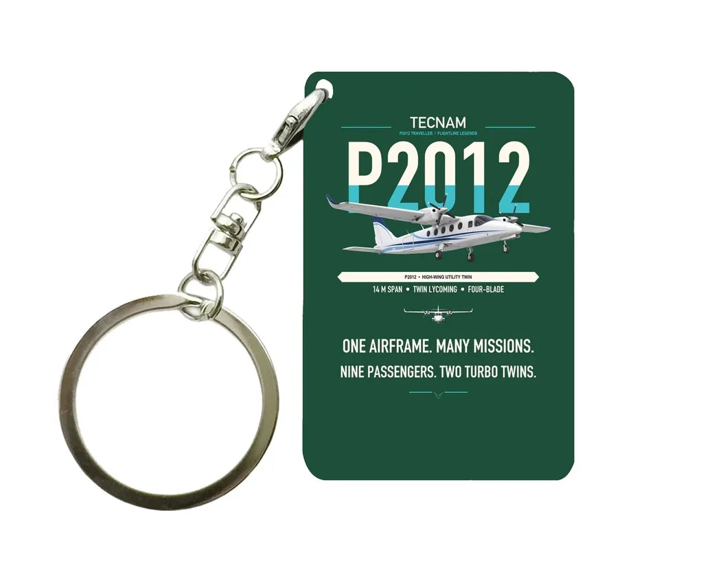 Tecnam P2012 Traveller design on dark green designed key chain, double-side print