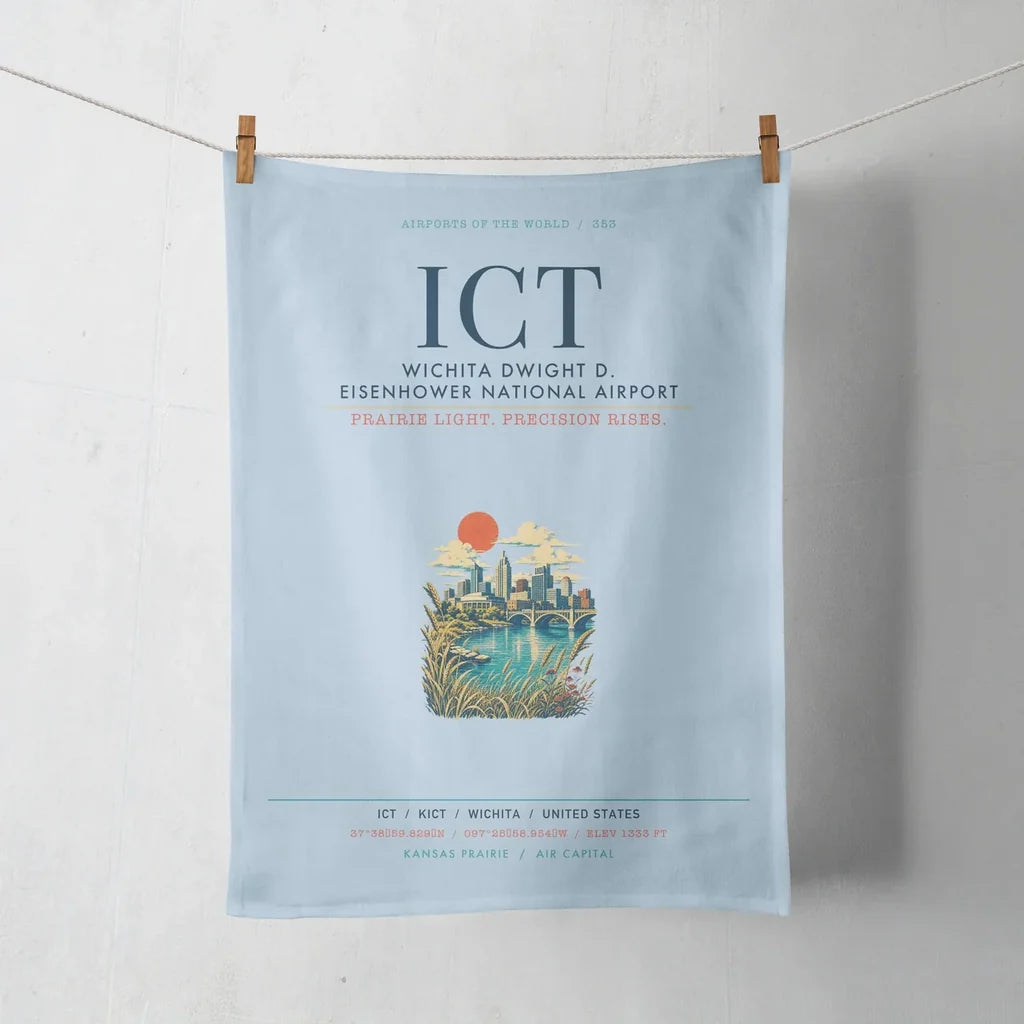 Wichita Dwight D. Eisenhower National Airport (ICT) design on light blue towel