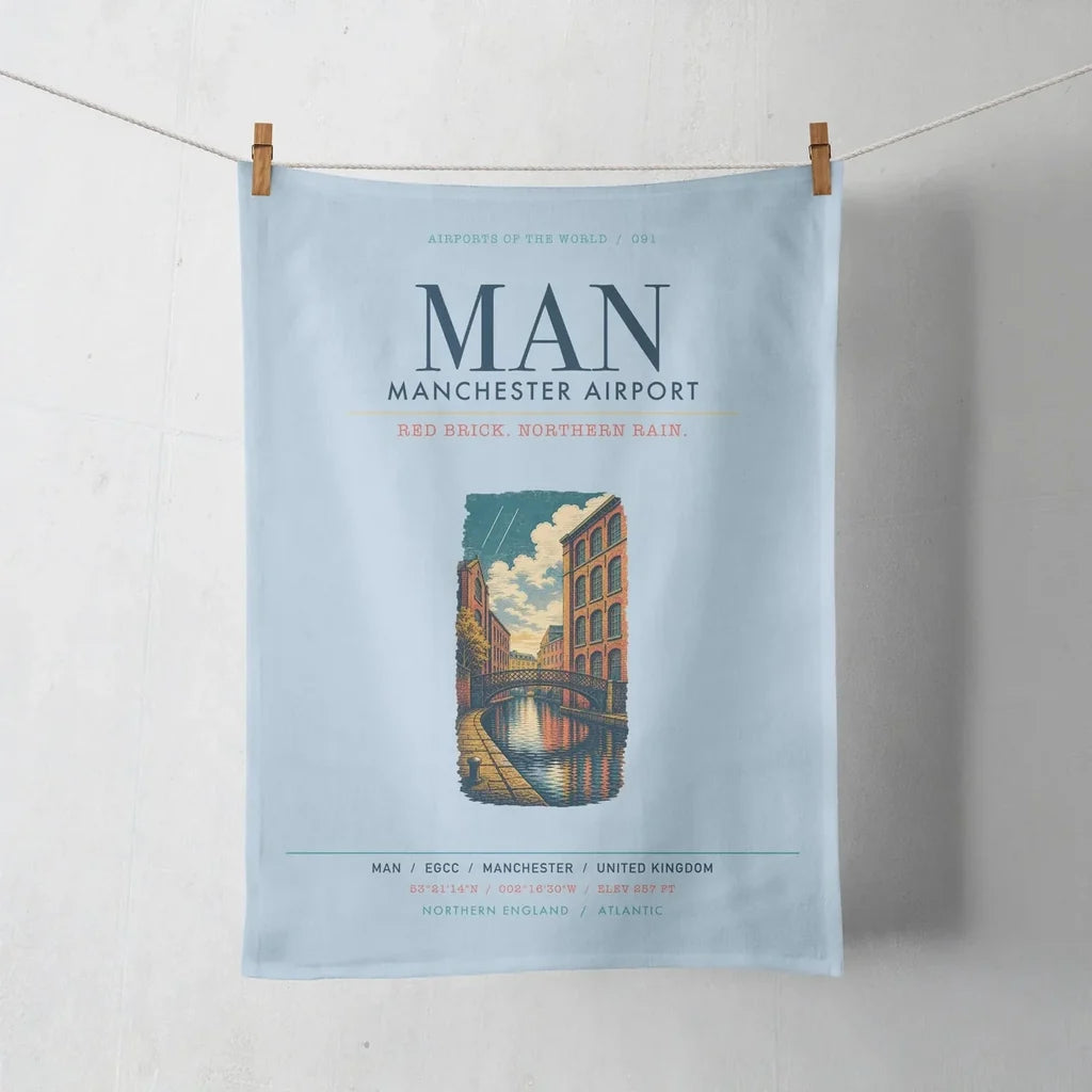Manchester Airport (MAN) design on light blue towel