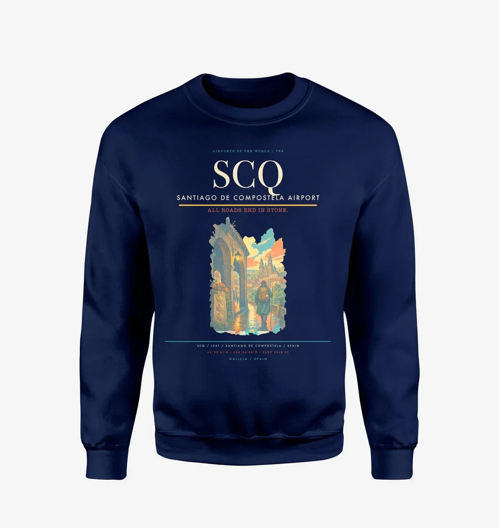 Santiago de Compostela Airport (SCQ) design on navy blue sweatshirt