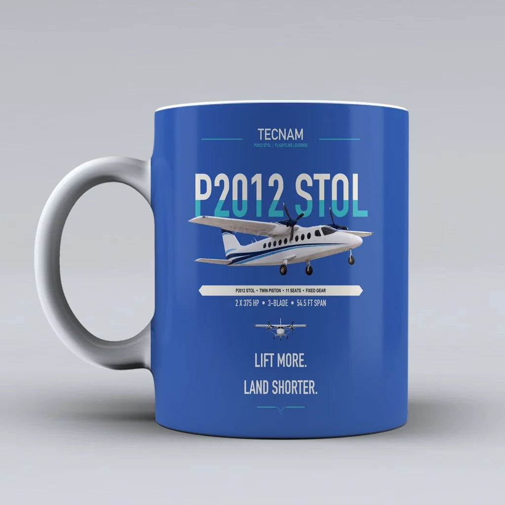 Tecnam P2012 STOL design on blue ceramic mug, double-side print