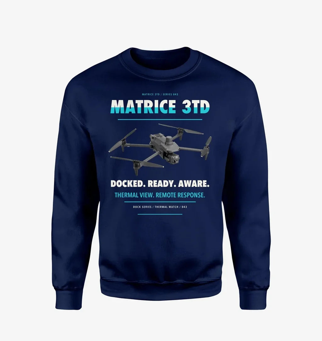 DJI Matrice 3TD design on navy blue sweatshirt