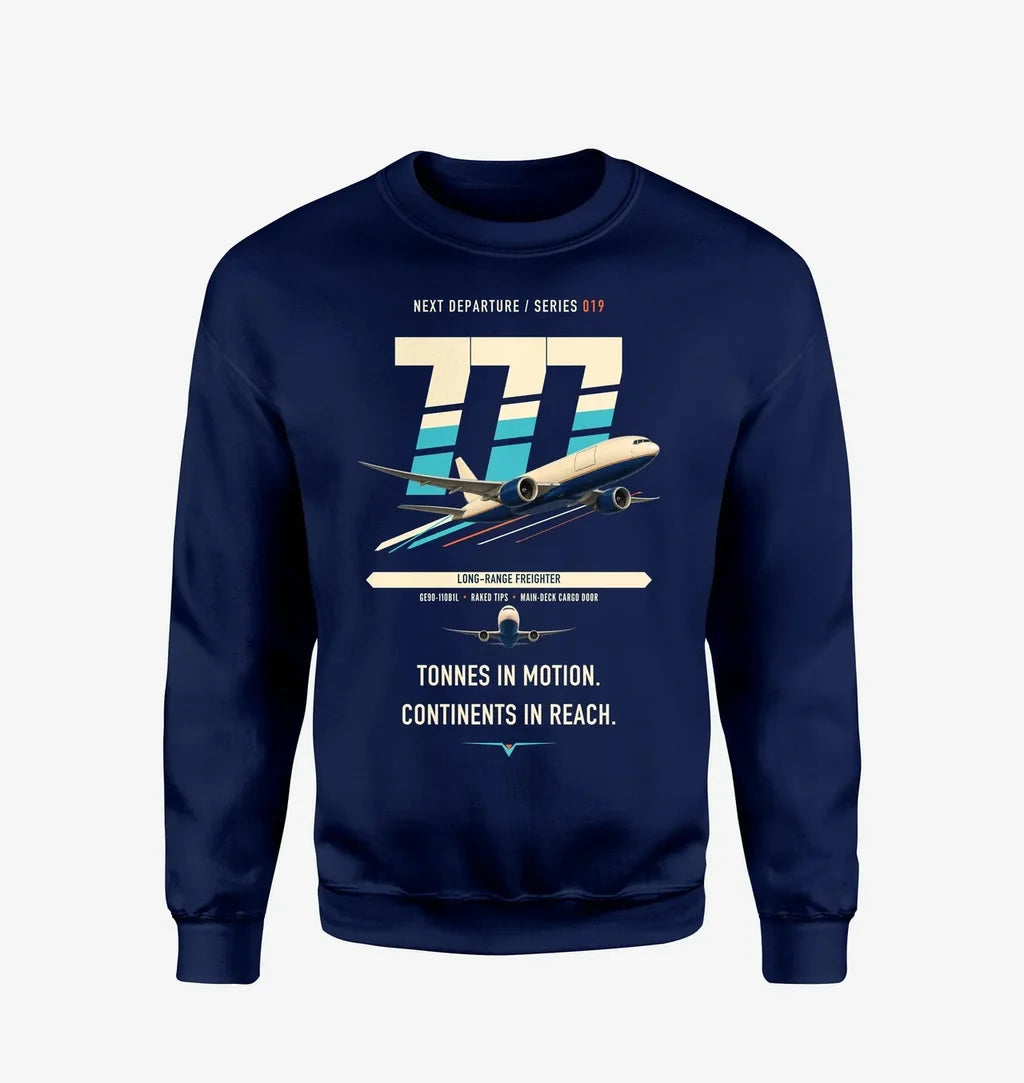 Boeing 777F design on navy blue sweatshirt