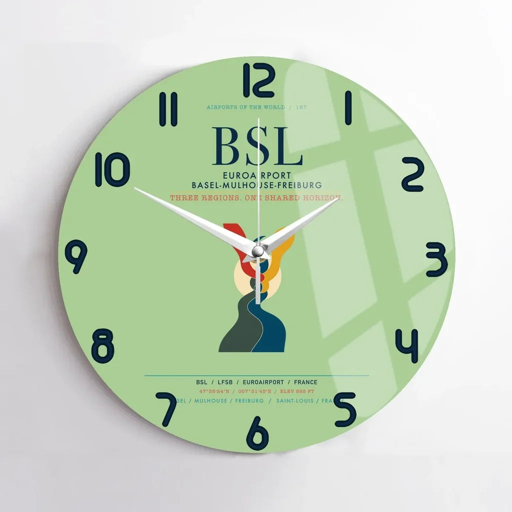 EuroAirport Basel-Mulhouse-Freiburg (BSL) design on light green no frame wall clock