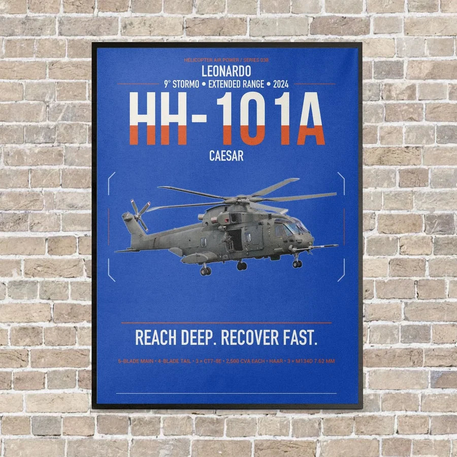 Leonardo HH-101A Caesar vertical canvas print - framed - blue background
