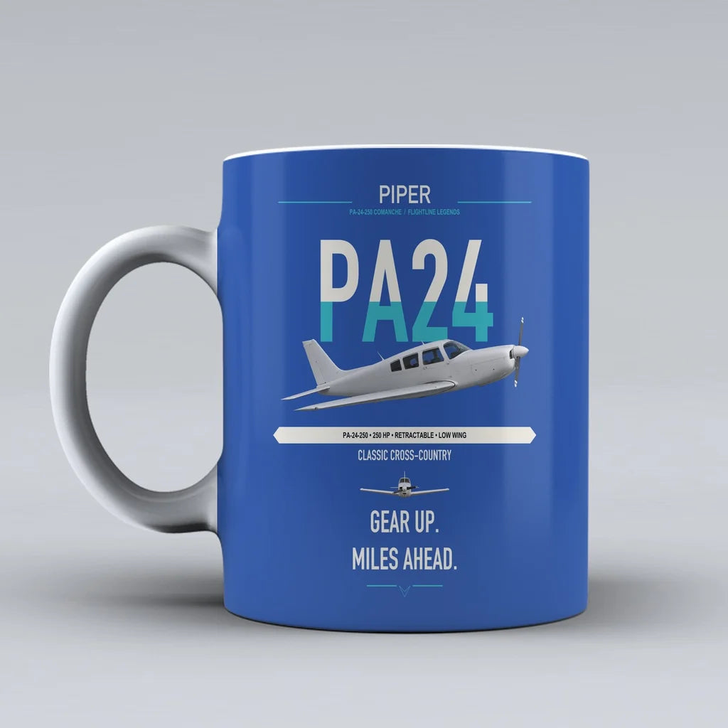 Piper PA-24-250 Comanche 250 design on blue ceramic mug, double-side print