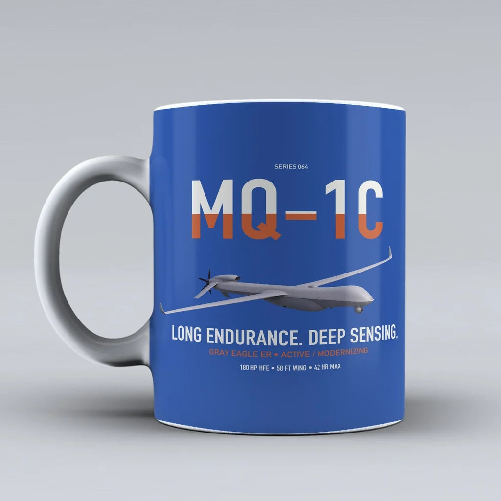 MQ-1C Gray Eagle ER design on blue ceramic mug, double-side print