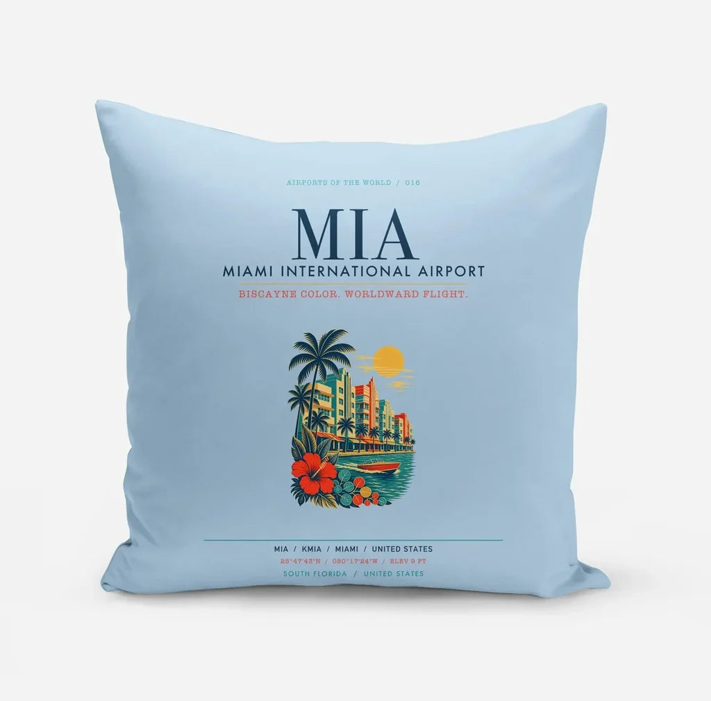 Miami International Airport (MIA) design on light blue pillow