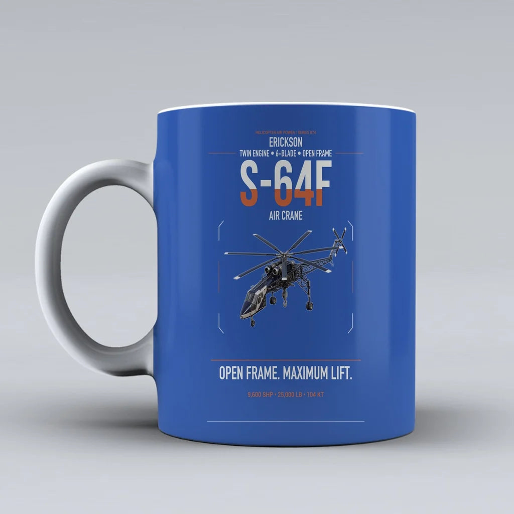 Erickson S-64F Air Crane design on blue ceramic mug, double-side print