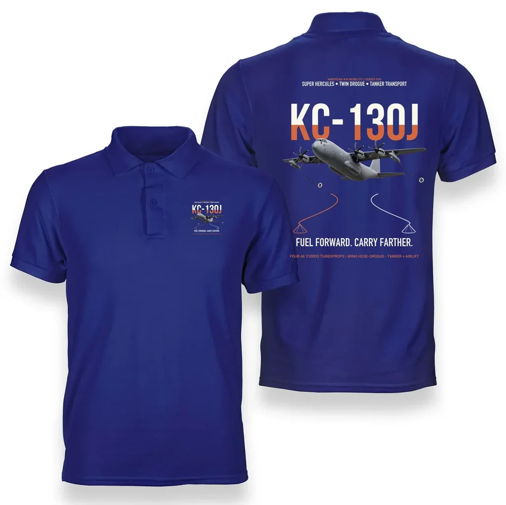 KC-130J SUPER HERCULES design on blue double-side polo t-shirt, double-side print