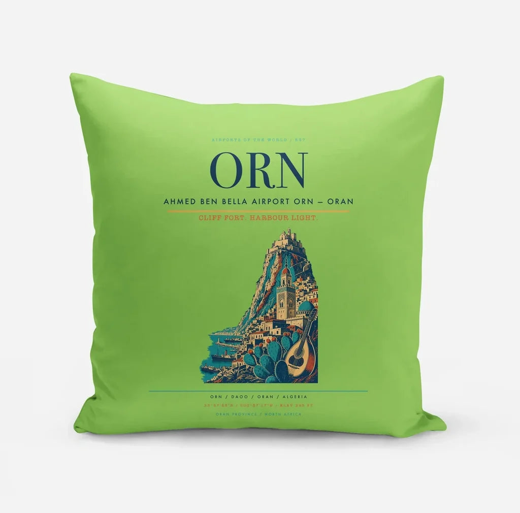 Ahmed Ben Bella Airport (ORN) design on light green pillow