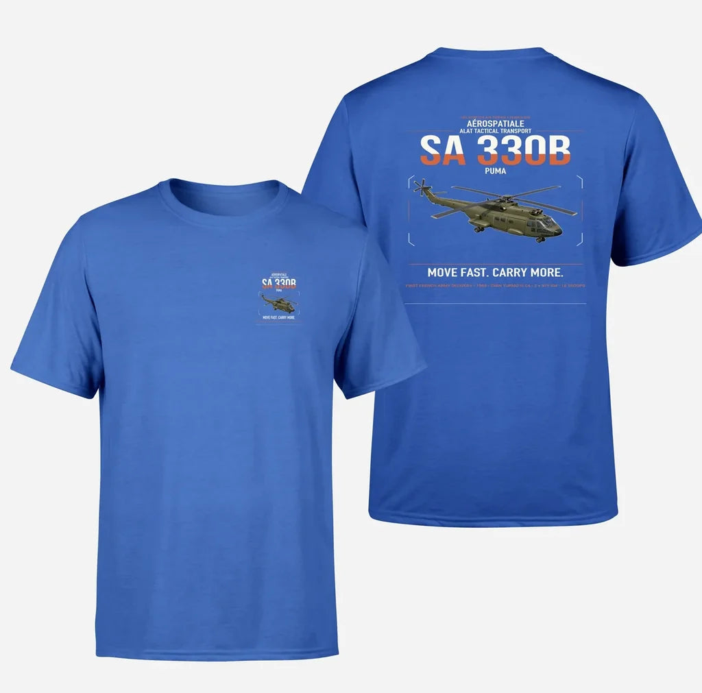 Aérospatiale SA 330B Puma design on blue t-shirt, double-side print