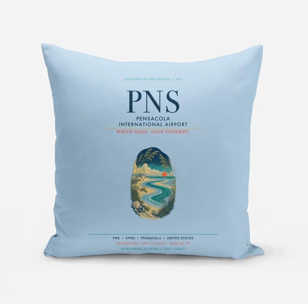 Pensacola International Airport (PNS) design on light blue pillow