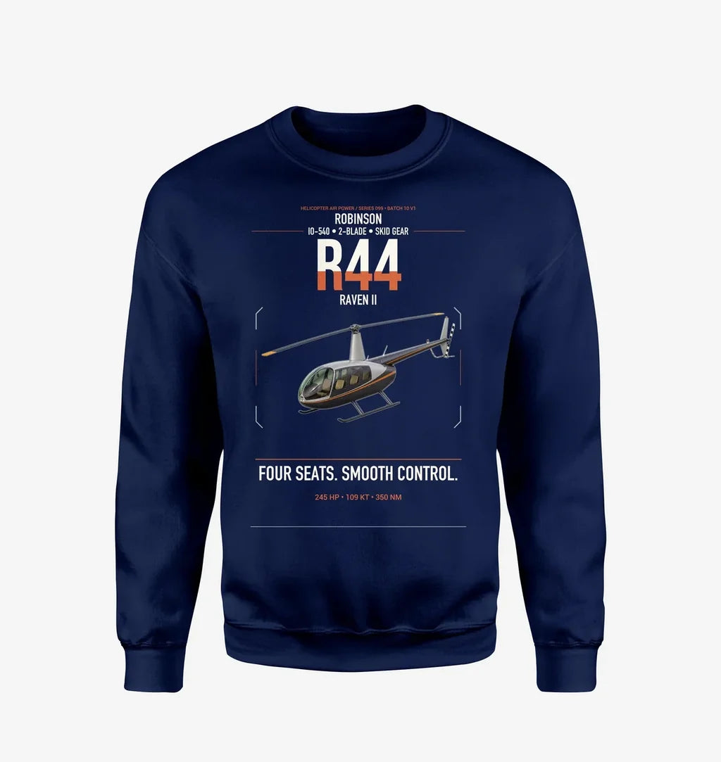 Robinson R44 Raven II design on navy blue sweatshirt
