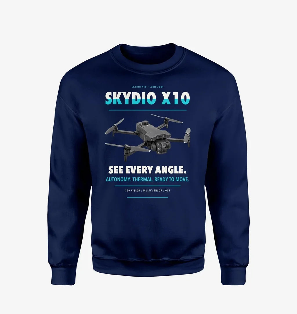 Skydio X10 design on navy blue sweatshirt