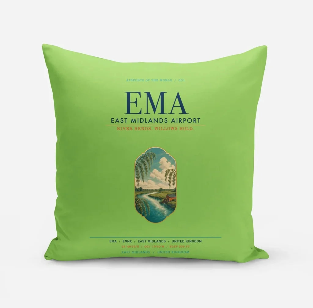 East Midlands Airport (EMA) design on light green pillow
