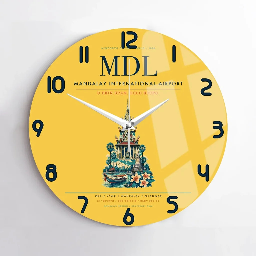 Mandalay International Airport (MDL) design on yellow no frame wall clock