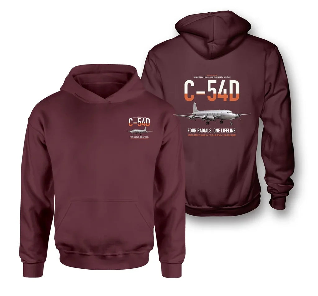 C-54D Skymaster design on dark red double-side hoodie, double-side print