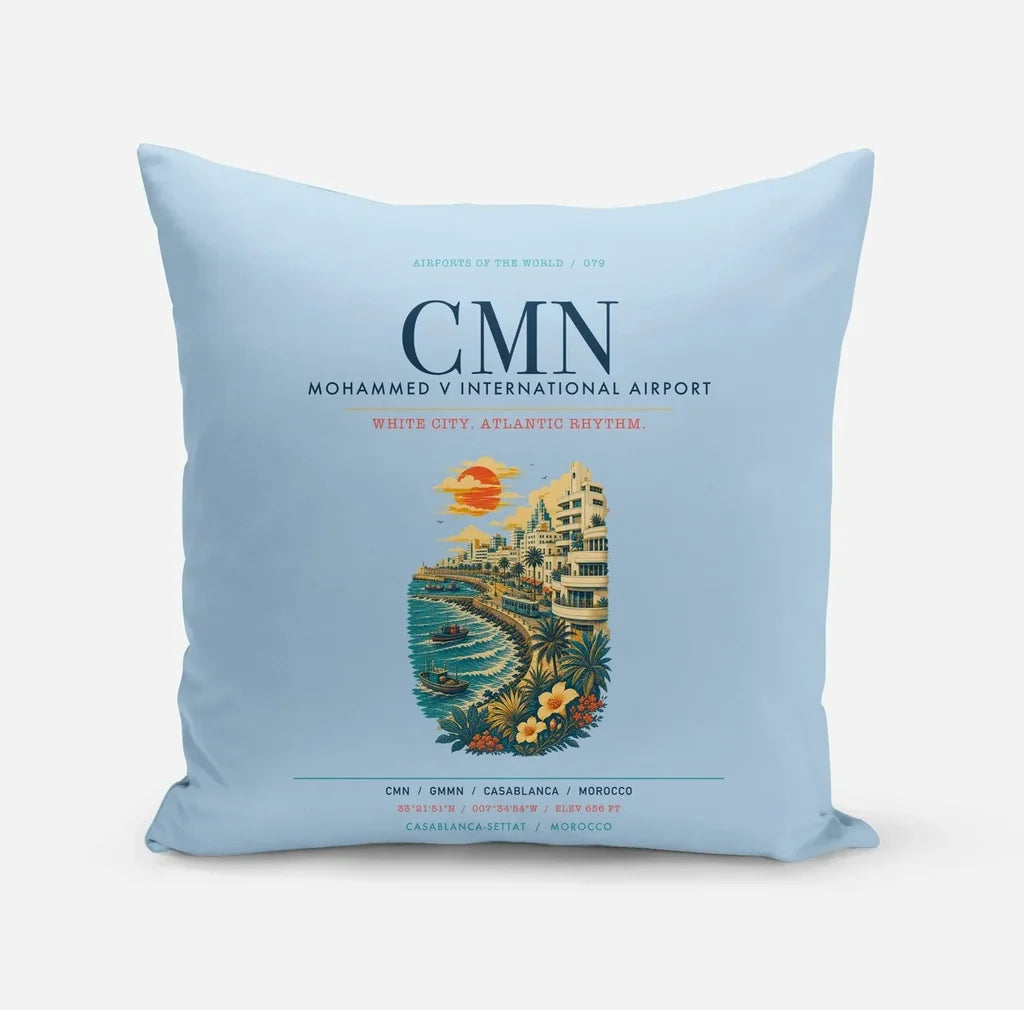 Casablanca Mohammed V International Airport (CMN) design on light blue pillow