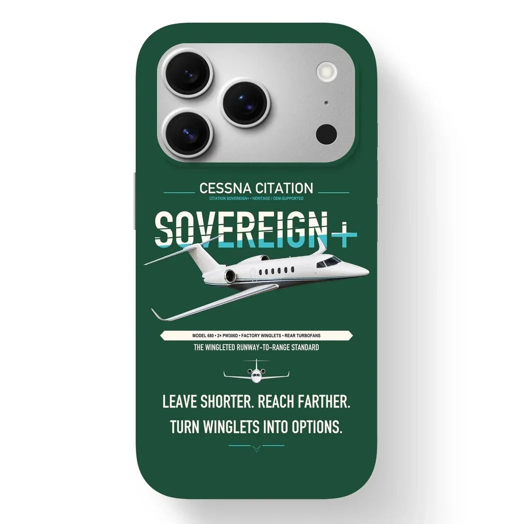 Cessna Citation Sovereign+ design on dark green magsafe iphone case, for iPhone 17 Pro