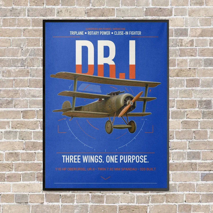 Fokker Dr.I vertical canvas print - framed - blue background