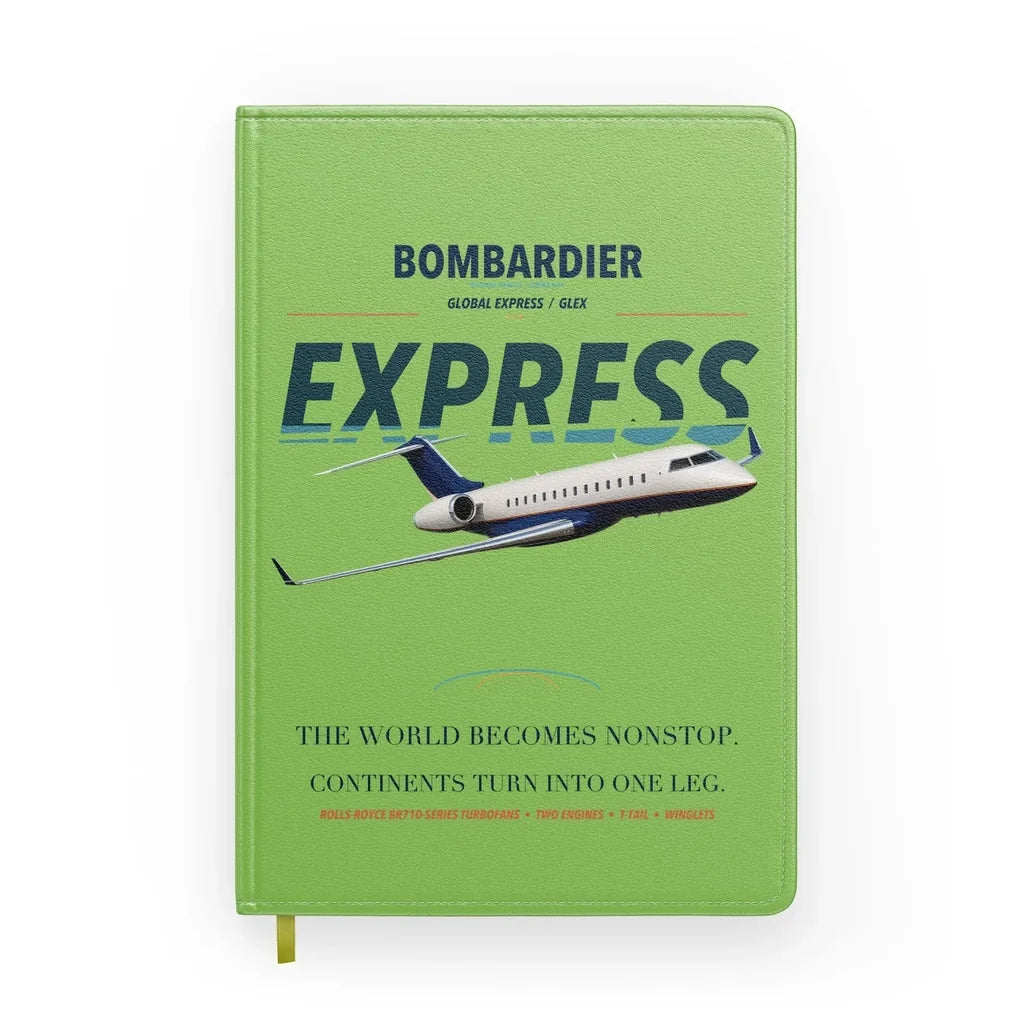 Bombardier Global Express design on light green notebook
