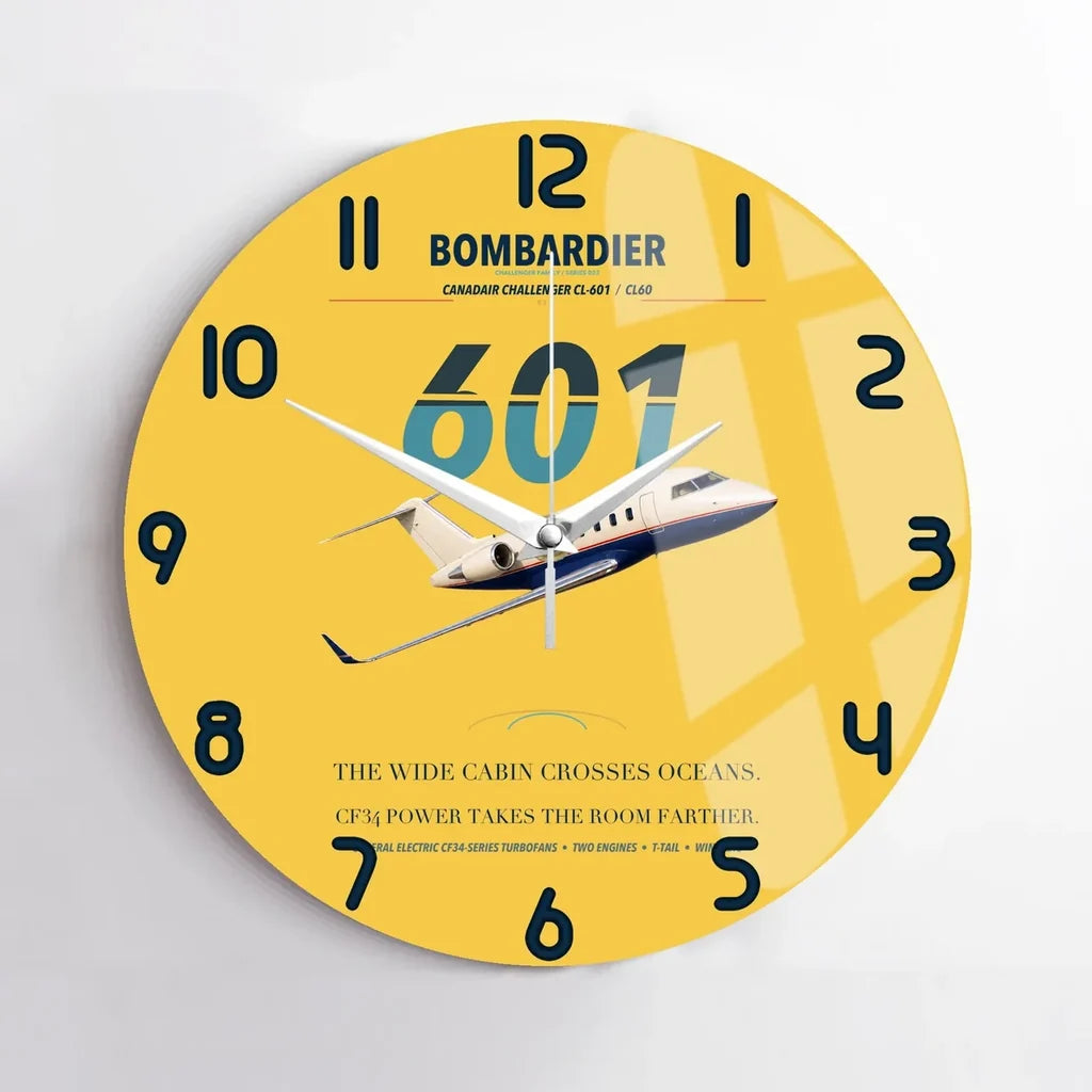 Bombardier Challenger 601 design on yellow no frame wall clock
