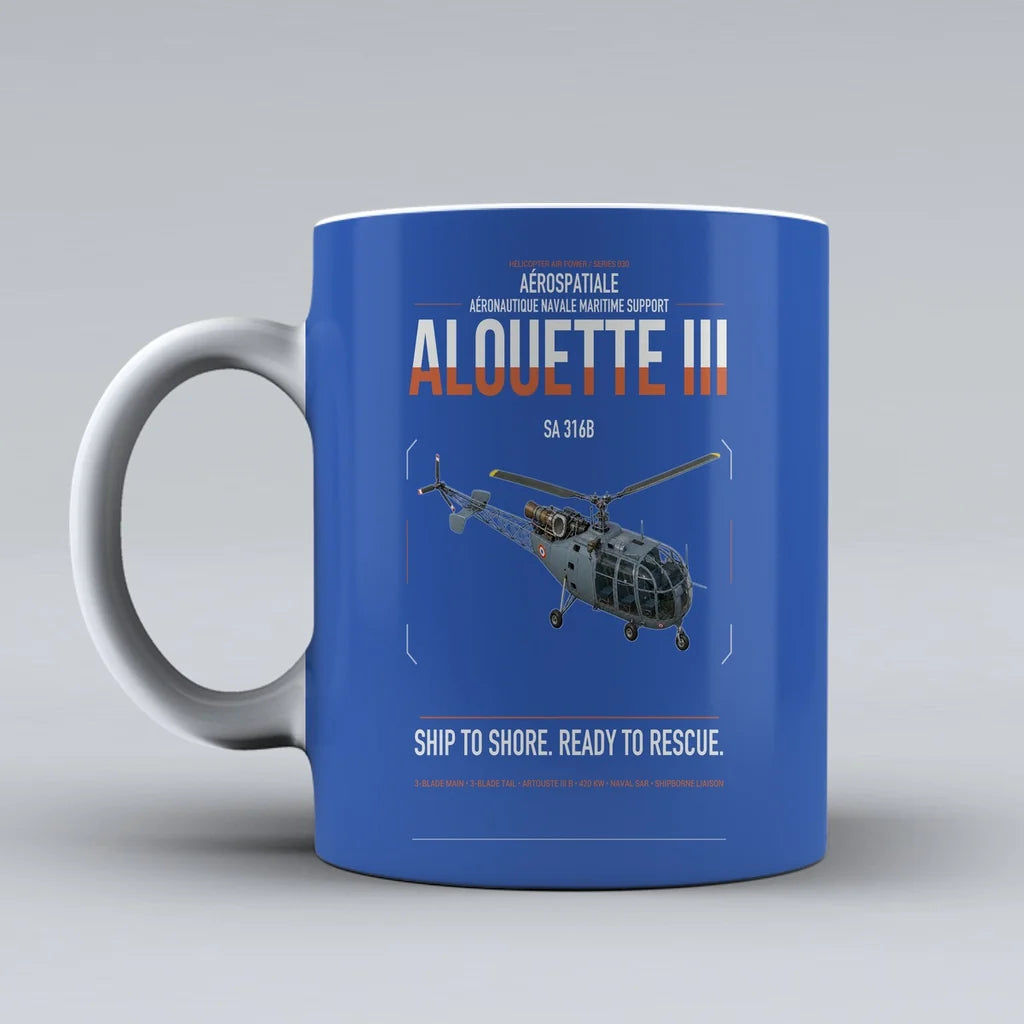 Aérospatiale SA 316B Alouette III design on blue ceramic mug, double-side print