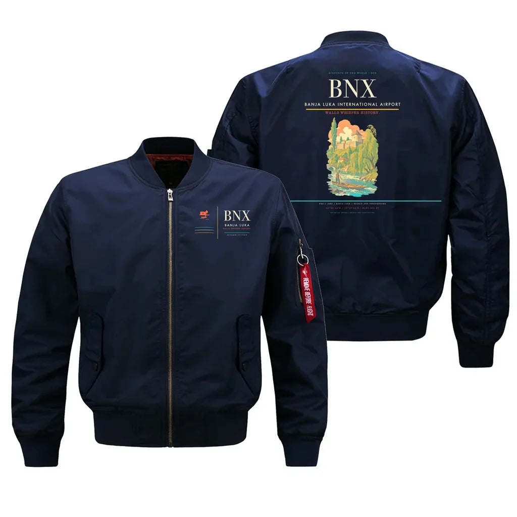 Banja Luka International Airport (BNX) design on blue bomber jacket