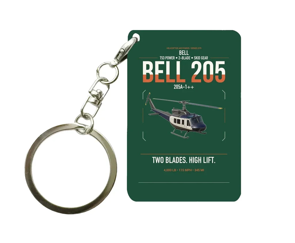 Bell 205A-1++ design on dark green designed key chain, double-side print