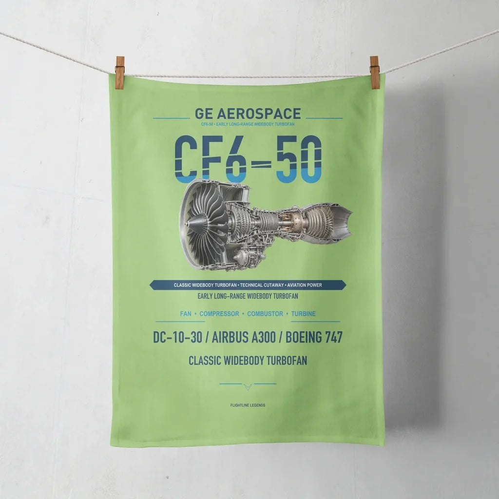 CF6-50 design on light green towel