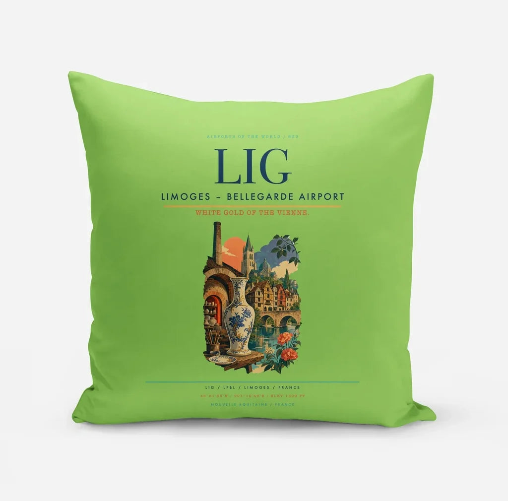 Limoges – Bellegarde Airport (LIG) design on light green pillow