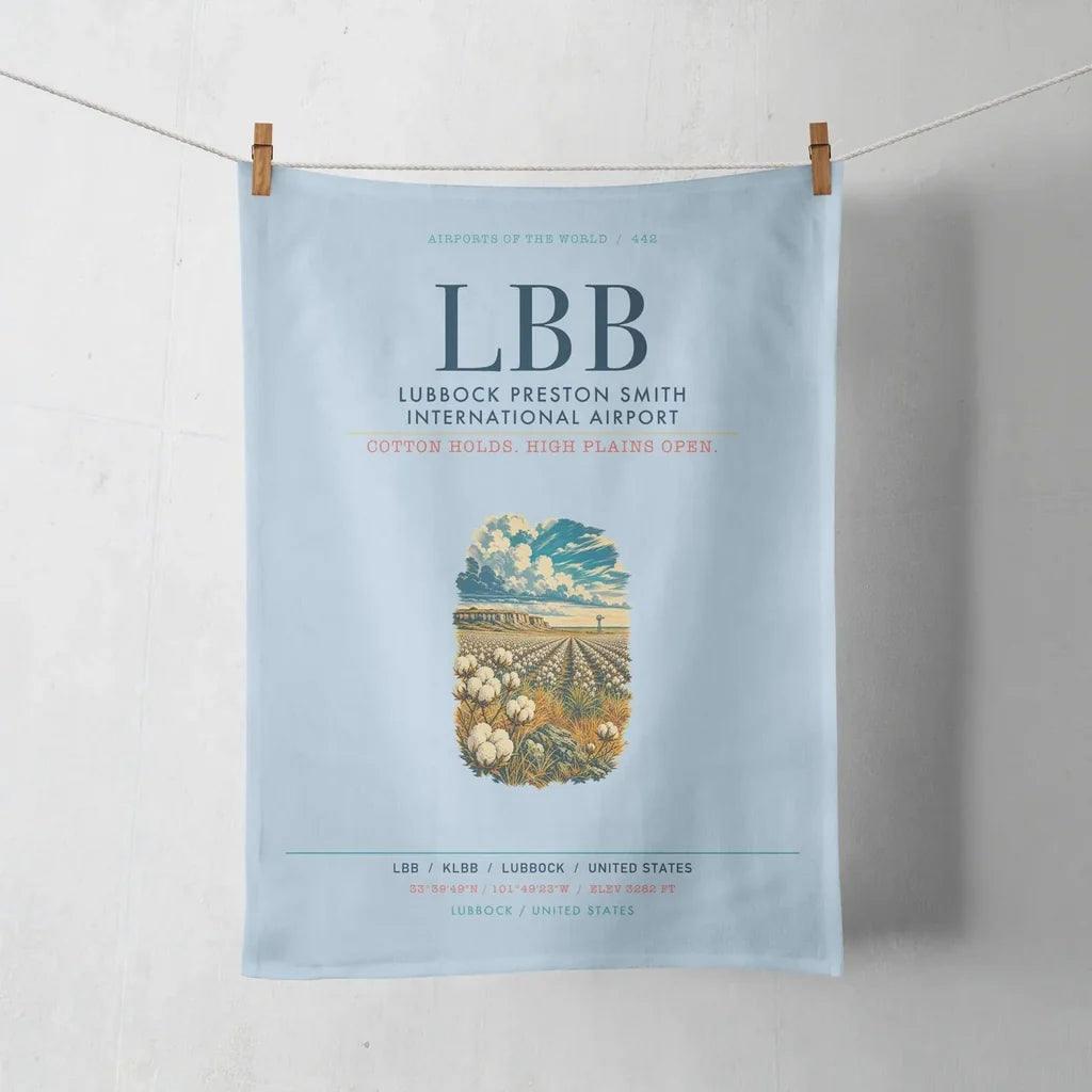 Lubbock Preston Smith International Airport (LBB) design on light blue towel