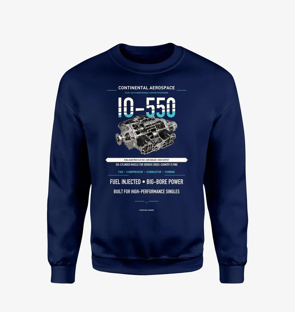 IO-550 design on navy blue sweatshirt