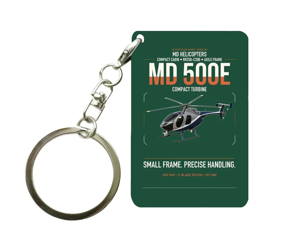 MD Helicopters MD 500E design on dark green designed key chain, double-side print