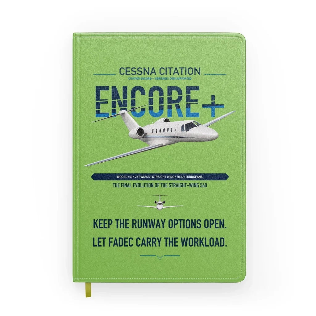 Cessna Citation Encore+ design on light green notebook