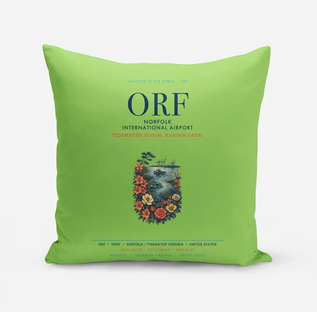 Norfolk International Airport (ORF) design on light green pillow