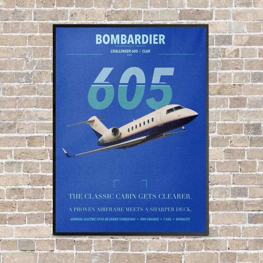 Bombardier Challenger 605 vertical canvas print - framed - blue background