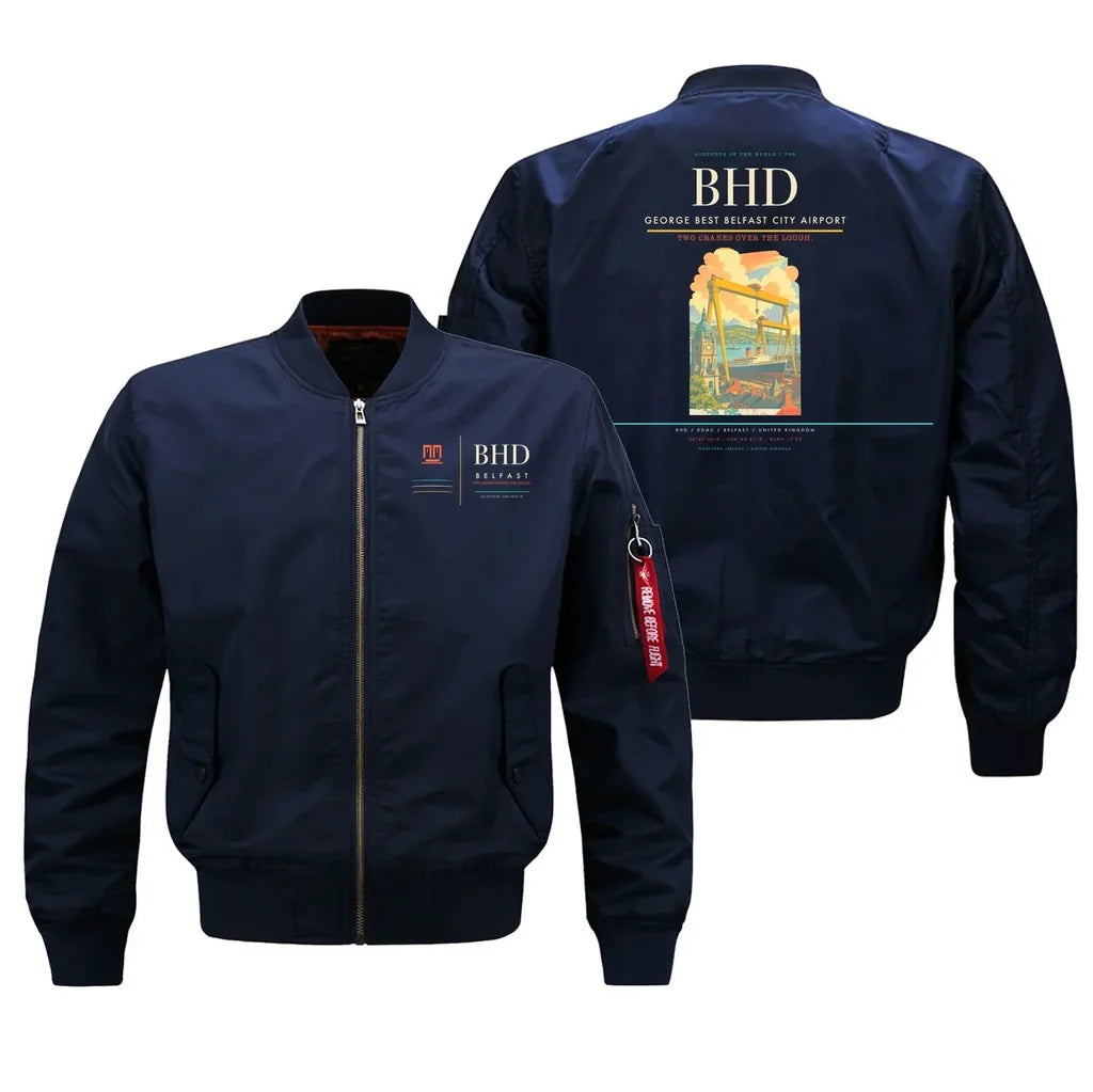 George Best Belfast City Airport (BHD) design on blue bomber jacket