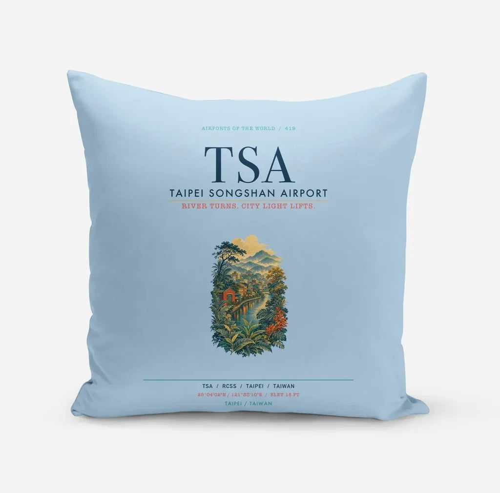 Taipei Songshan Airport (TSA) design on light blue pillow