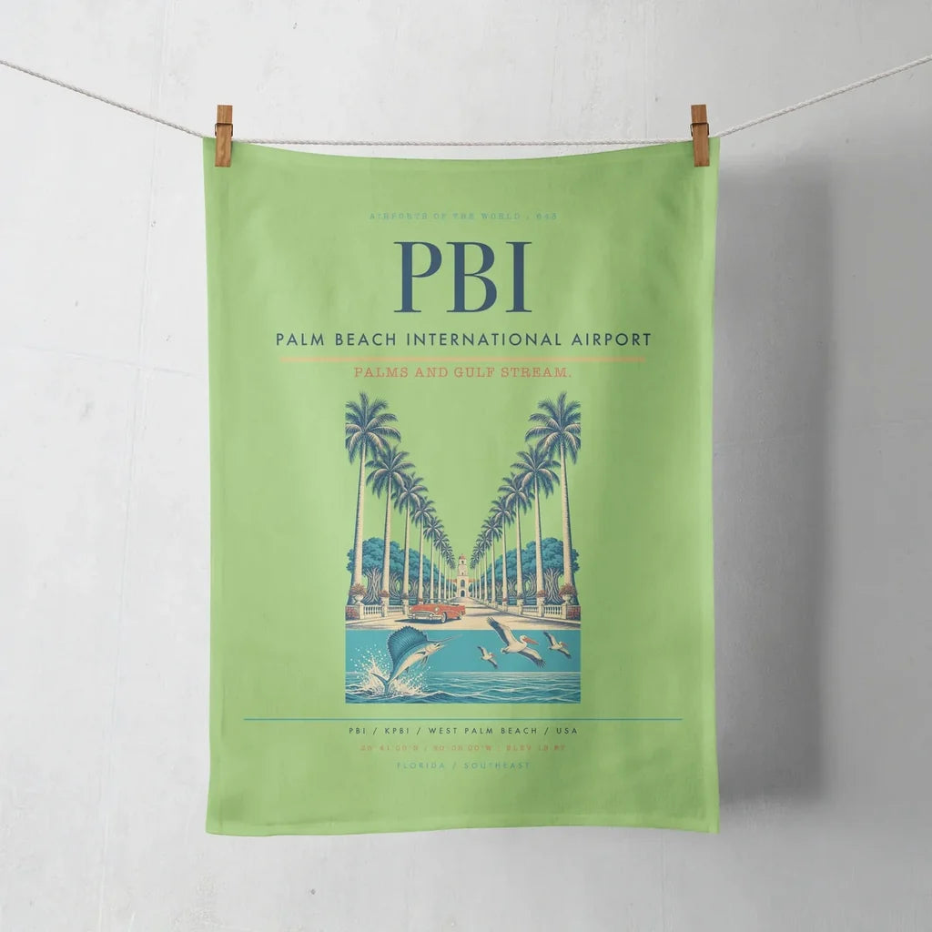 Palm Beach International Airport (PBI) design on light green towel
