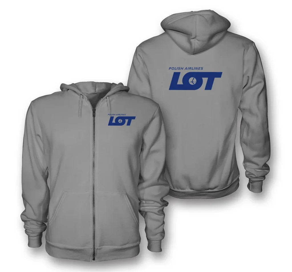 LOT Polish Airlines logo on gray zipped hoodie