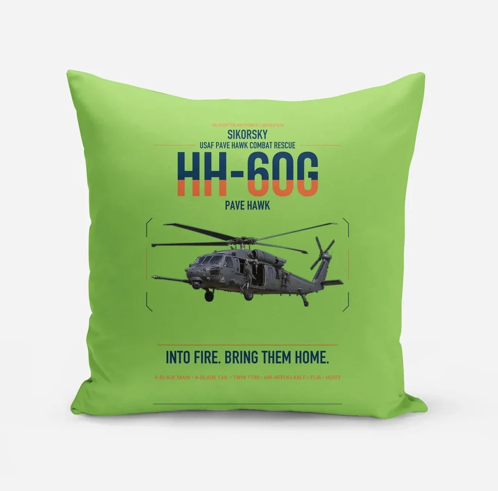 Sikorsky HH-60G Pave Hawk design on light green pillow