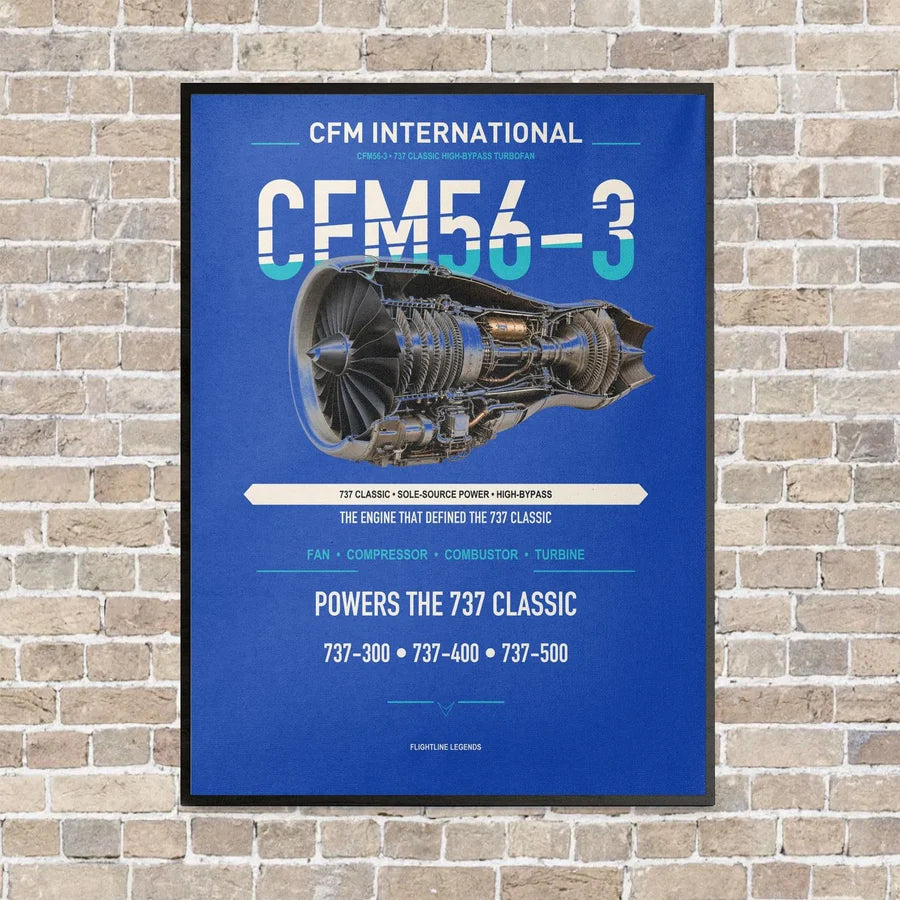 CFM56-3 vertical canvas print - framed - blue background