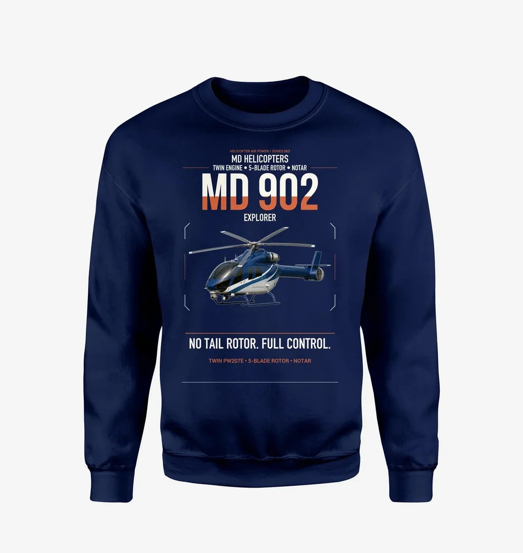 MD Helicopters MD 902 Explorer design on navy blue sweatshirt
