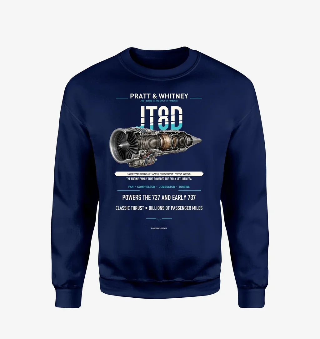 JT8D design on navy blue sweatshirt