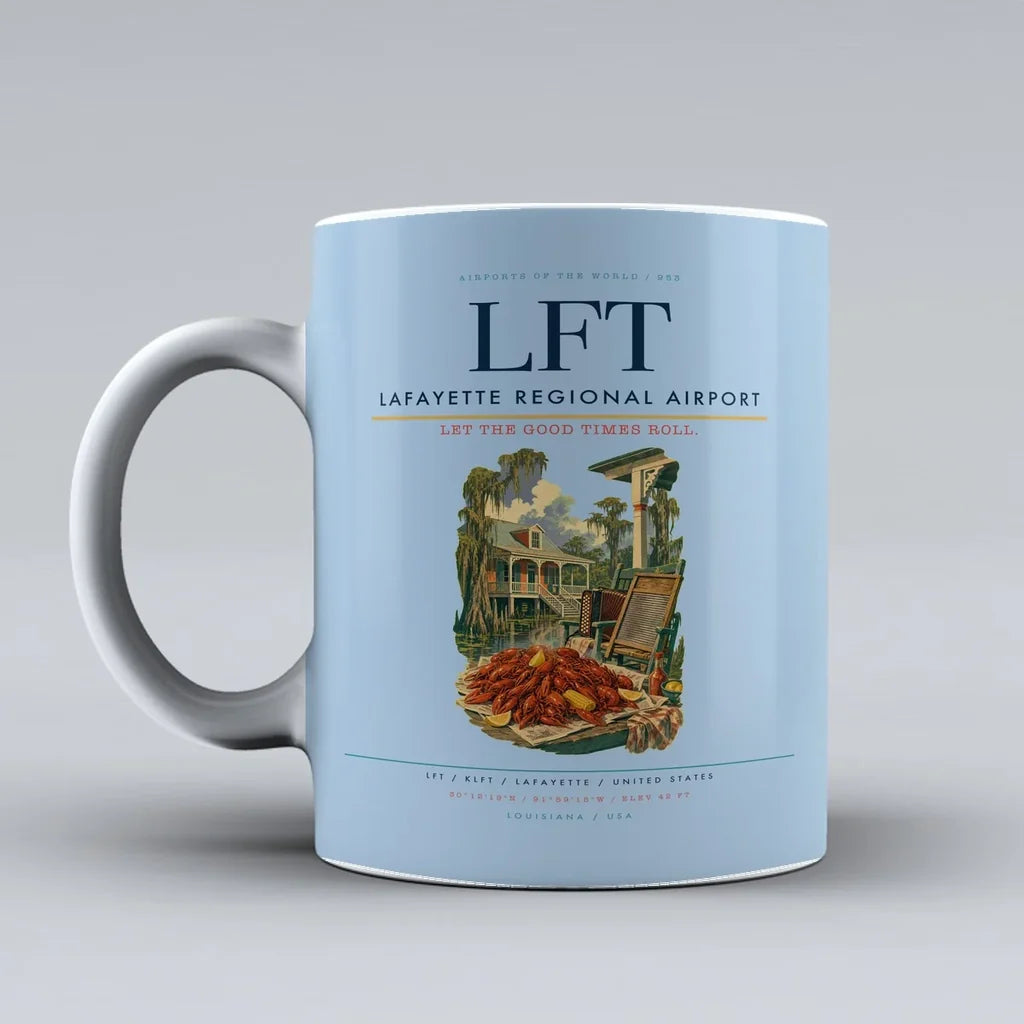 Lafayette Regional Airport (LFT) airport code design on light blue ceramic mug