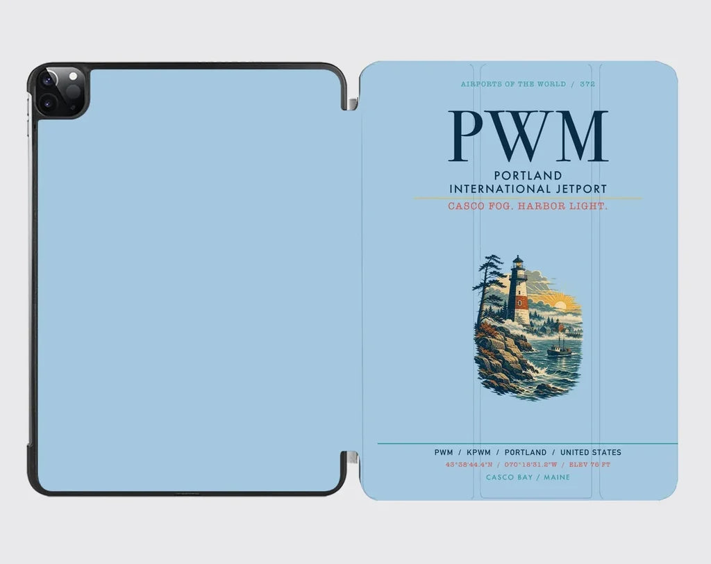 Portland International Jetport (PWM) design on light blue ipad tablet case