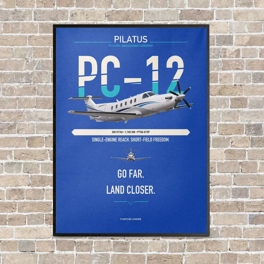 Pilatus PC-12 PRO vertical canvas print - framed - blue background