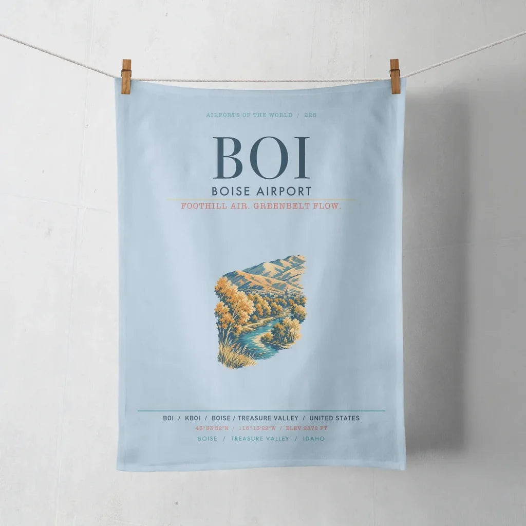 Boise Airport (BOI) design on light blue towel